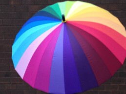 Aufgespannter Regenschirm vor einer Backsteinwand als Sinnbild für die Familienholding als Dachgesellschaft